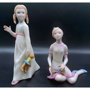Complementing Pair CYBIS Porcelain Figurines Young Girls Pink Ribbons Signed